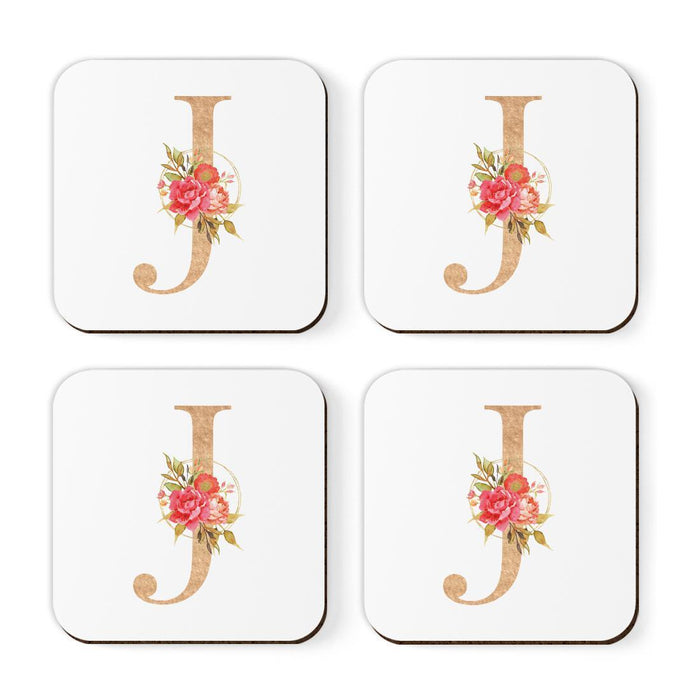 Square Coffee Drink Monogram Coasters Gift Set, Faux Gold Pink Floral-Set of 4-Andaz Press-A-