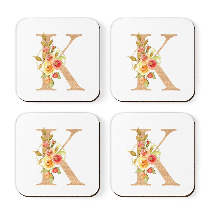 Square Coffee Drink Monogram Coasters Gift Set, Faux Gold Pink Floral-Set of 4-Andaz Press-A-