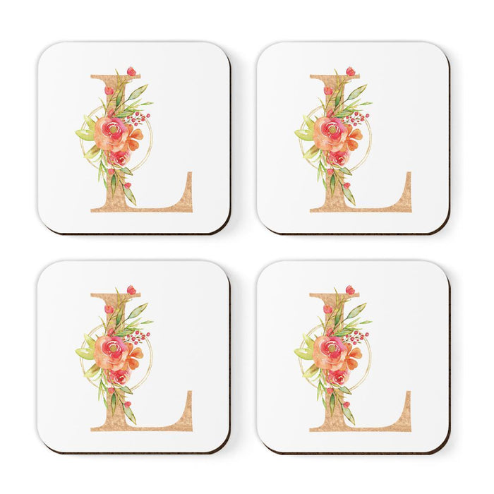 Square Coffee Drink Monogram Coasters Gift Set, Faux Gold Pink Floral-Set of 4-Andaz Press-A-