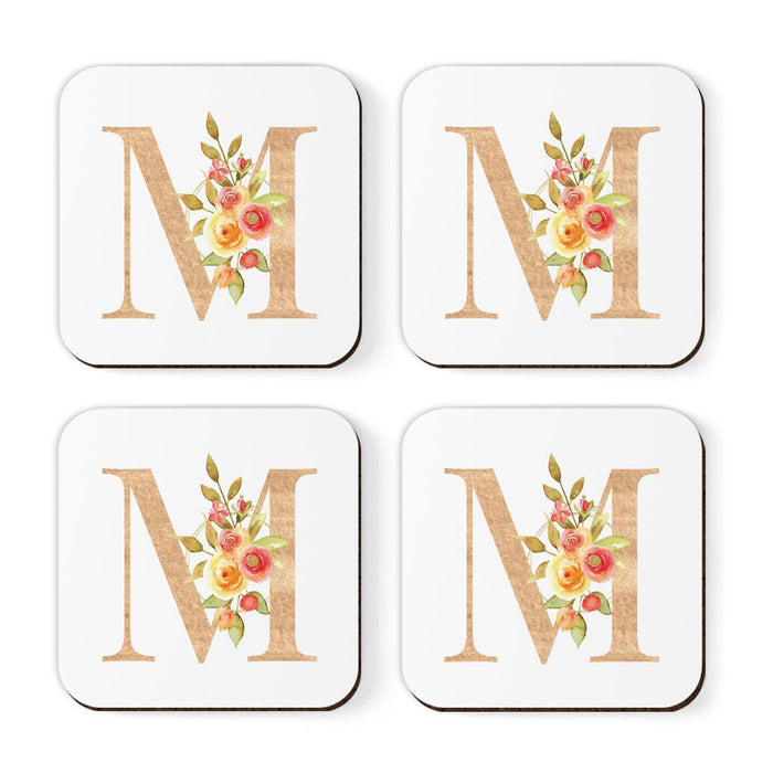 Square Coffee Drink Monogram Coasters Gift Set, Faux Gold Pink Floral-Set of 4-Andaz Press-A-
