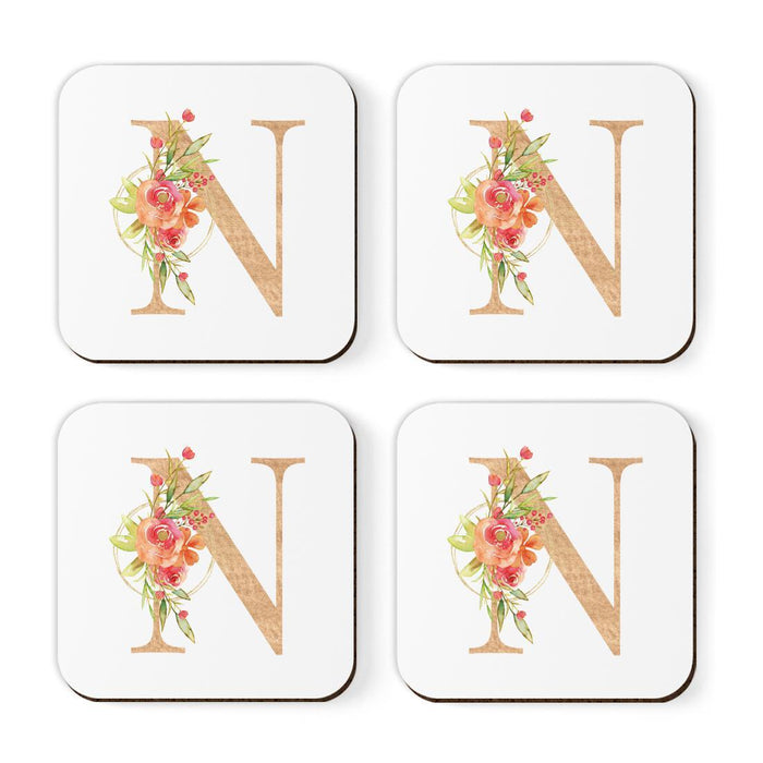 Square Coffee Drink Monogram Coasters Gift Set, Faux Gold Pink Floral-Set of 4-Andaz Press-A-