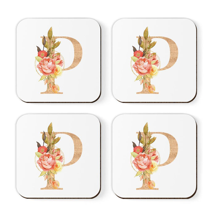 Square Coffee Drink Monogram Coasters Gift Set, Faux Gold Pink Floral-Set of 4-Andaz Press-A-