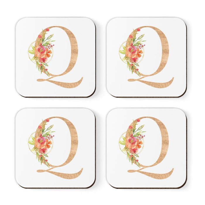 Square Coffee Drink Monogram Coasters Gift Set, Faux Gold Pink Floral-Set of 4-Andaz Press-A-