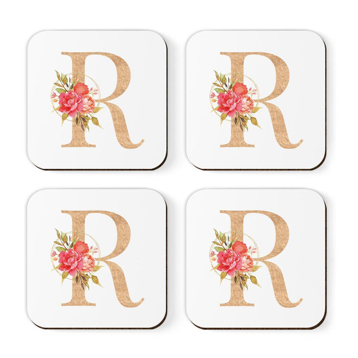 Square Coffee Drink Monogram Coasters Gift Set, Faux Gold Pink Floral-Set of 4-Andaz Press-A-