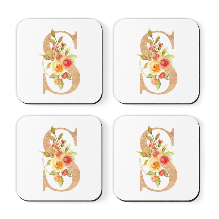 Square Coffee Drink Monogram Coasters Gift Set, Faux Gold Pink Floral-Set of 4-Andaz Press-A-