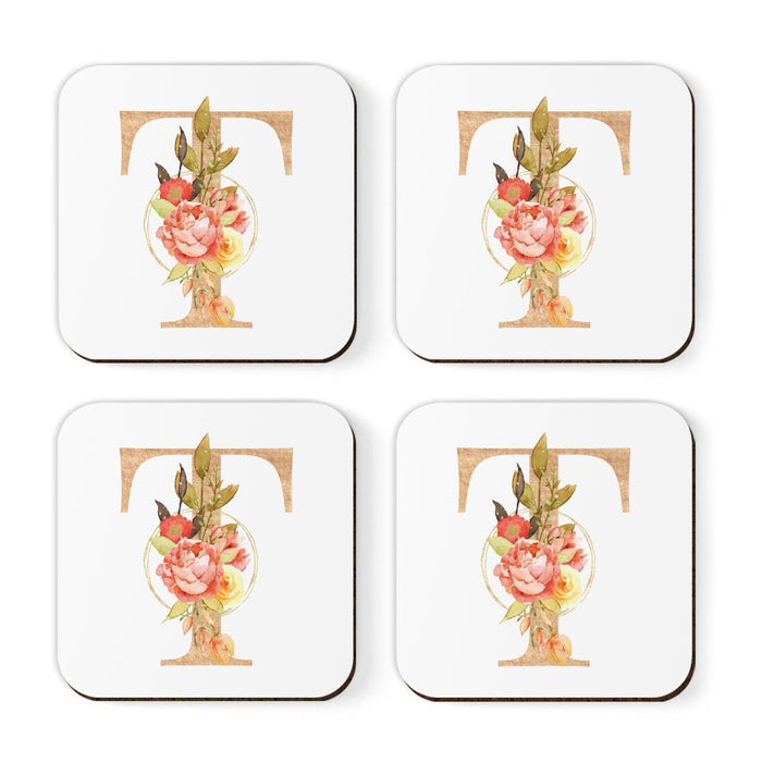 Square Coffee Drink Monogram Coasters Gift Set, Faux Gold Pink Floral-Set of 4-Andaz Press-A-