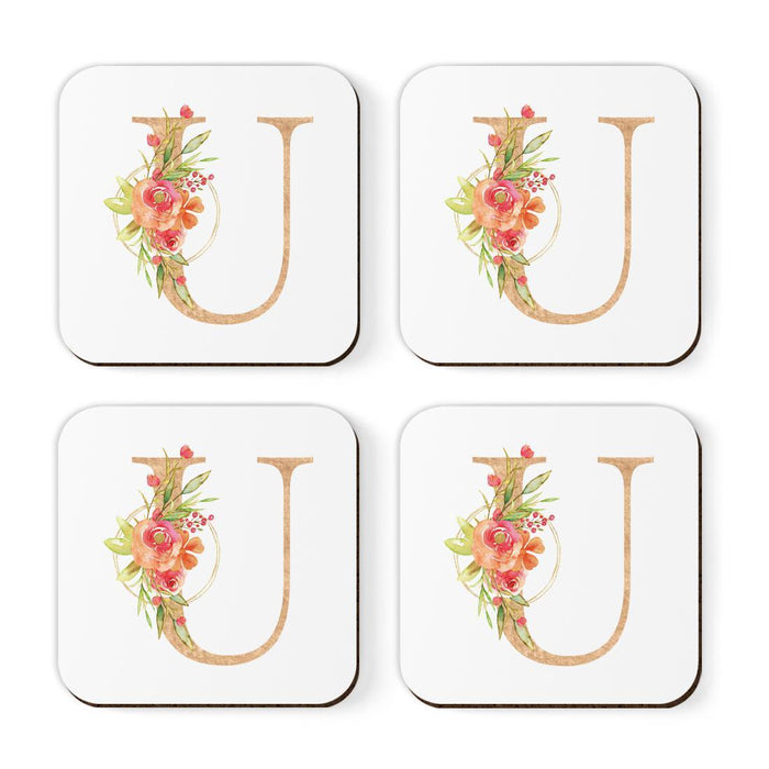 Square Coffee Drink Monogram Coasters Gift Set, Faux Gold Pink Floral-Set of 4-Andaz Press-A-