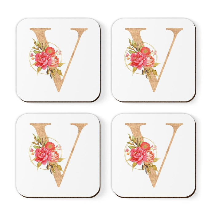 Square Coffee Drink Monogram Coasters Gift Set, Faux Gold Pink Floral-Set of 4-Andaz Press-A-