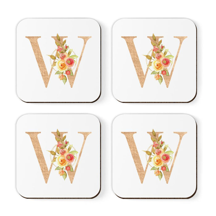Square Coffee Drink Monogram Coasters Gift Set, Faux Gold Pink Floral-Set of 4-Andaz Press-A-