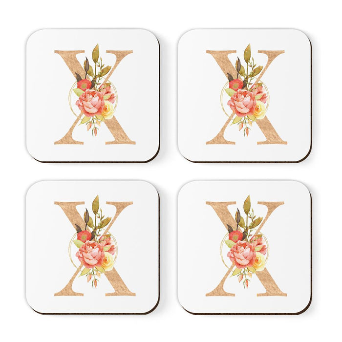 Square Coffee Drink Monogram Coasters Gift Set, Faux Gold Pink Floral-Set of 4-Andaz Press-A-