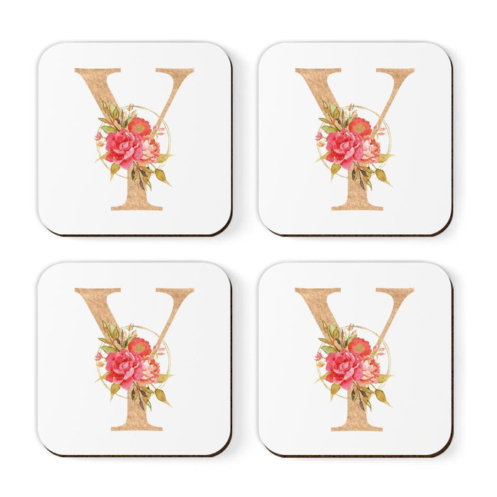 Square Coffee Drink Monogram Coasters Gift Set, Faux Gold Pink Floral-Set of 4-Andaz Press-A-