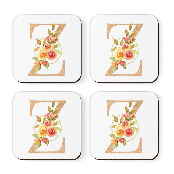 Square Coffee Drink Monogram Coasters Gift Set, Faux Gold Pink Floral-Set of 4-Andaz Press-A-