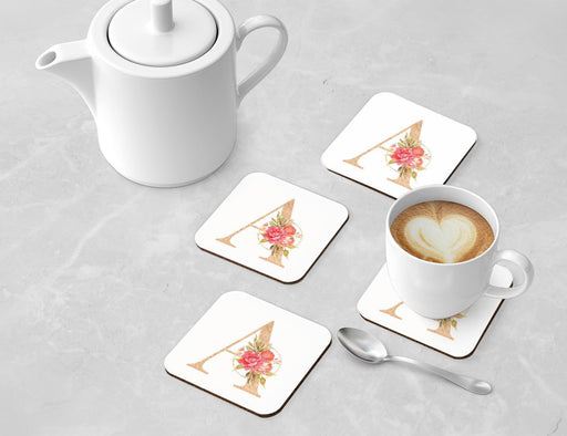 Square Coffee Drink Monogram Coasters Gift Set, Faux Gold Pink Floral-Set of 4-Andaz Press-A-