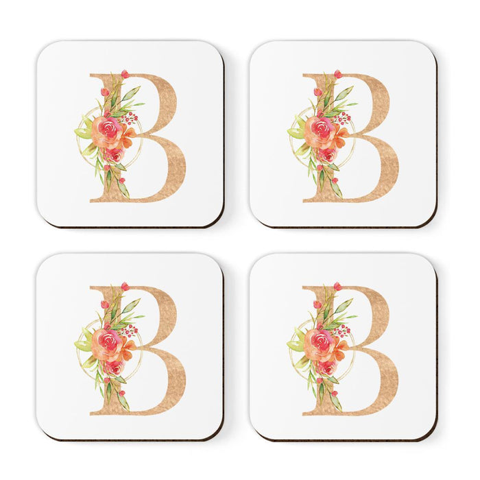 Square Coffee Drink Monogram Coasters Gift Set, Faux Gold Pink Floral-Set of 4-Andaz Press-A-
