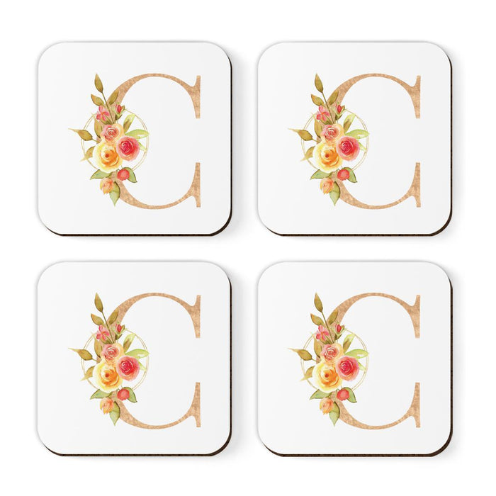 Square Coffee Drink Monogram Coasters Gift Set, Faux Gold Pink Floral-Set of 4-Andaz Press-A-