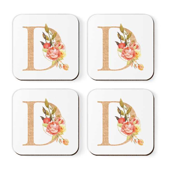 Square Coffee Drink Monogram Coasters Gift Set, Faux Gold Pink Floral-Set of 4-Andaz Press-A-