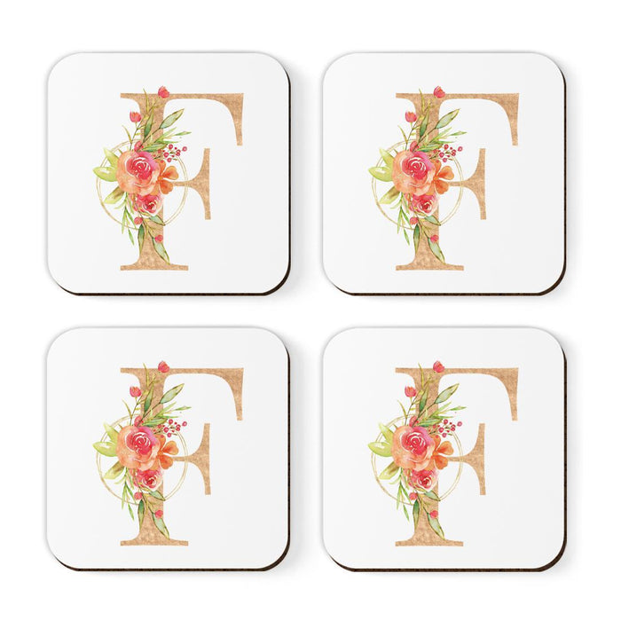 Square Coffee Drink Monogram Coasters Gift Set, Faux Gold Pink Floral-Set of 4-Andaz Press-A-