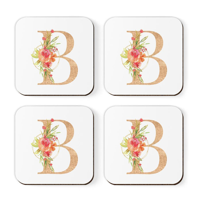 Square Coffee Drink Monogram Coasters Gift Set, Faux Gold Pink Floral-Set of 4-Andaz Press-B-