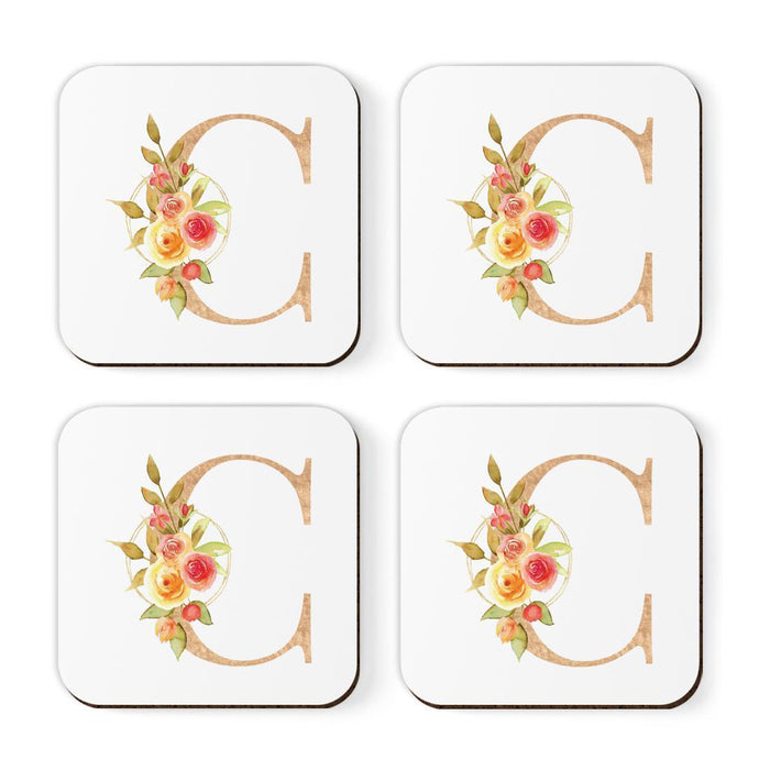 Square Coffee Drink Monogram Coasters Gift Set, Faux Gold Pink Floral-Set of 4-Andaz Press-C-