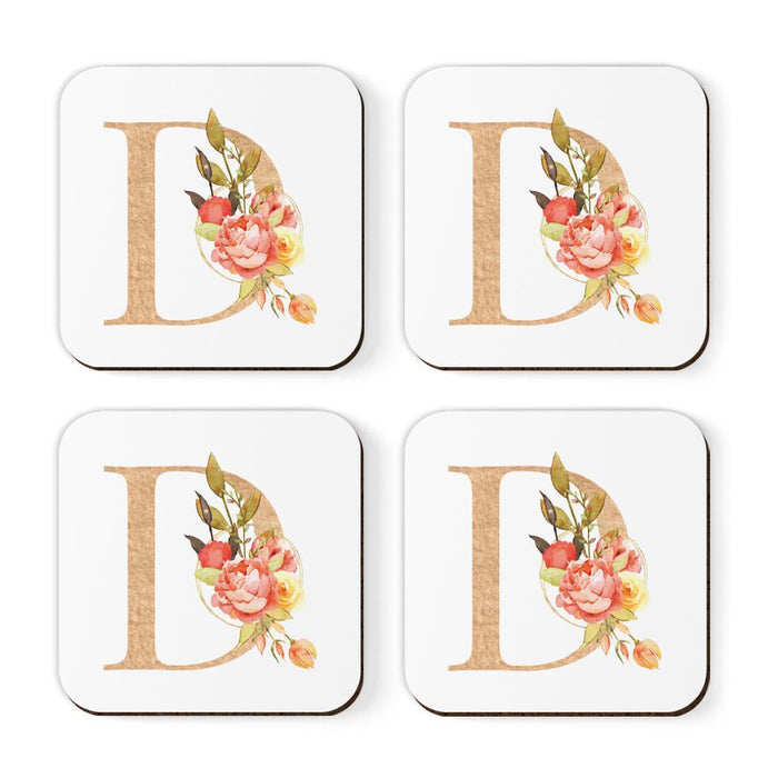Square Coffee Drink Monogram Coasters Gift Set, Faux Gold Pink Floral-Set of 4-Andaz Press-D-