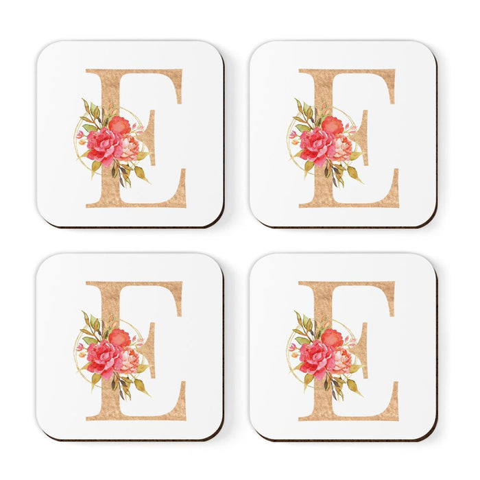 Square Coffee Drink Monogram Coasters Gift Set, Faux Gold Pink Floral-Set of 4-Andaz Press-E-