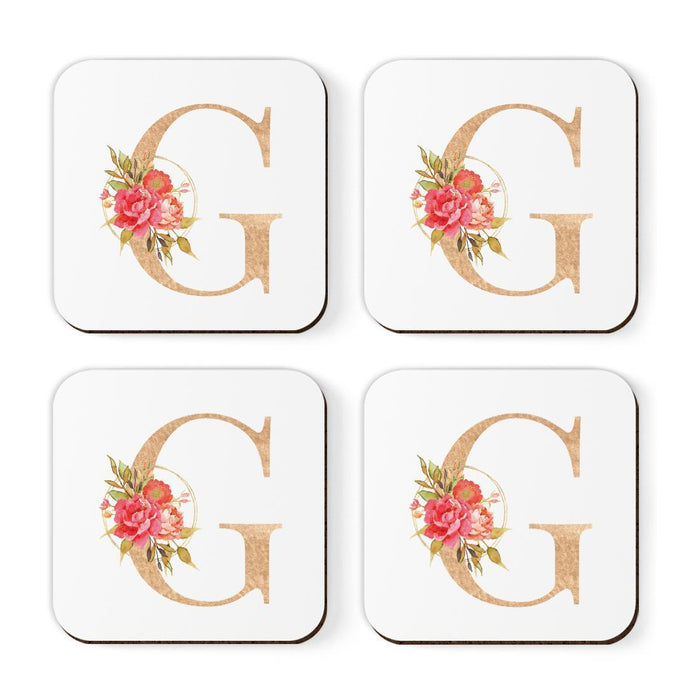 Square Coffee Drink Monogram Coasters Gift Set, Faux Gold Pink Floral-Set of 4-Andaz Press-G-
