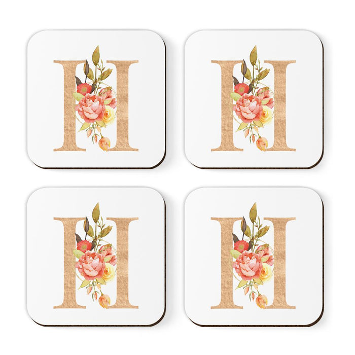 Square Coffee Drink Monogram Coasters Gift Set, Faux Gold Pink Floral-Set of 4-Andaz Press-H-