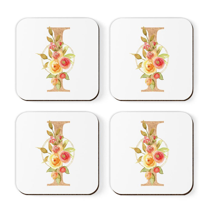 Square Coffee Drink Monogram Coasters Gift Set, Faux Gold Pink Floral-Set of 4-Andaz Press-I-