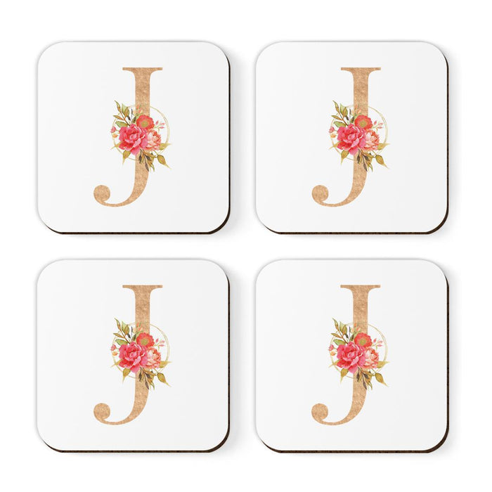 Square Coffee Drink Monogram Coasters Gift Set, Faux Gold Pink Floral-Set of 4-Andaz Press-J-