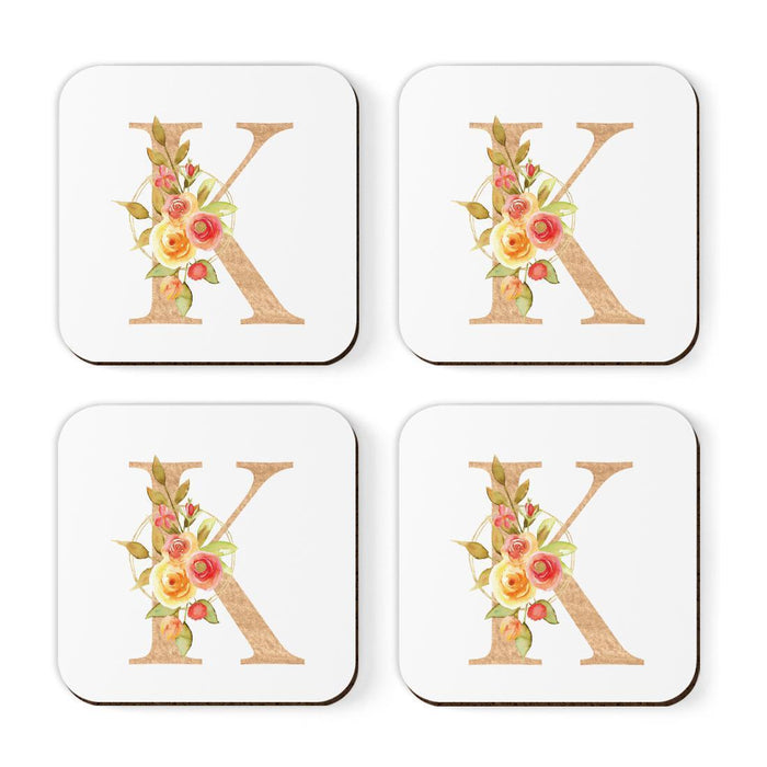 Square Coffee Drink Monogram Coasters Gift Set, Faux Gold Pink Floral-Set of 4-Andaz Press-K-