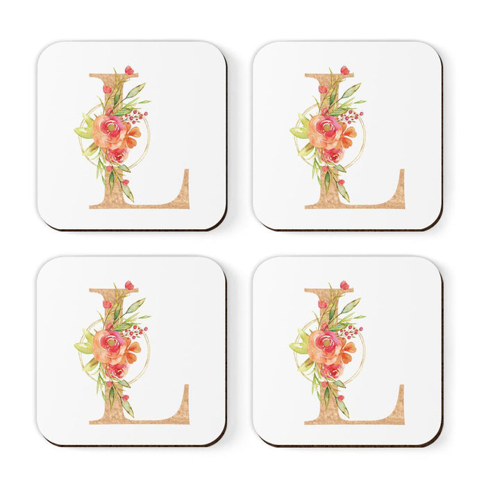 Square Coffee Drink Monogram Coasters Gift Set, Faux Gold Pink Floral-Set of 4-Andaz Press-L-