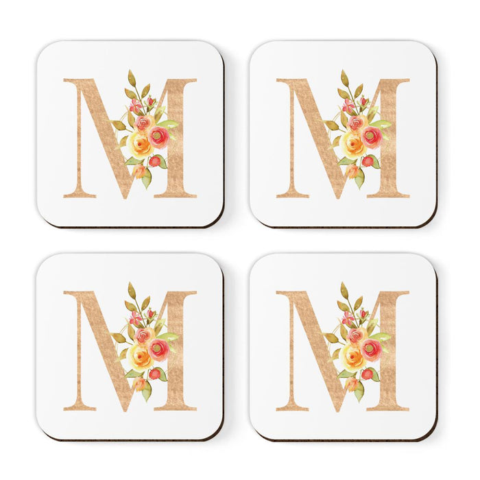 Square Coffee Drink Monogram Coasters Gift Set, Faux Gold Pink Floral-Set of 4-Andaz Press-M-