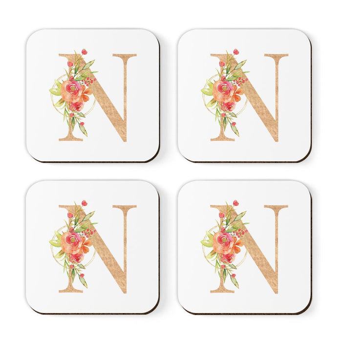 Square Coffee Drink Monogram Coasters Gift Set, Faux Gold Pink Floral-Set of 4-Andaz Press-N-