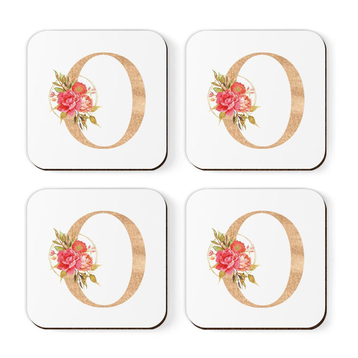 Square Coffee Drink Monogram Coasters Gift Set, Faux Gold Pink Floral-Set of 4-Andaz Press-O-