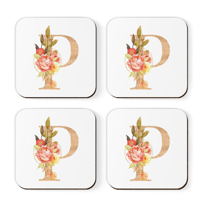 Square Coffee Drink Monogram Coasters Gift Set, Faux Gold Pink Floral-Set of 4-Andaz Press-P-