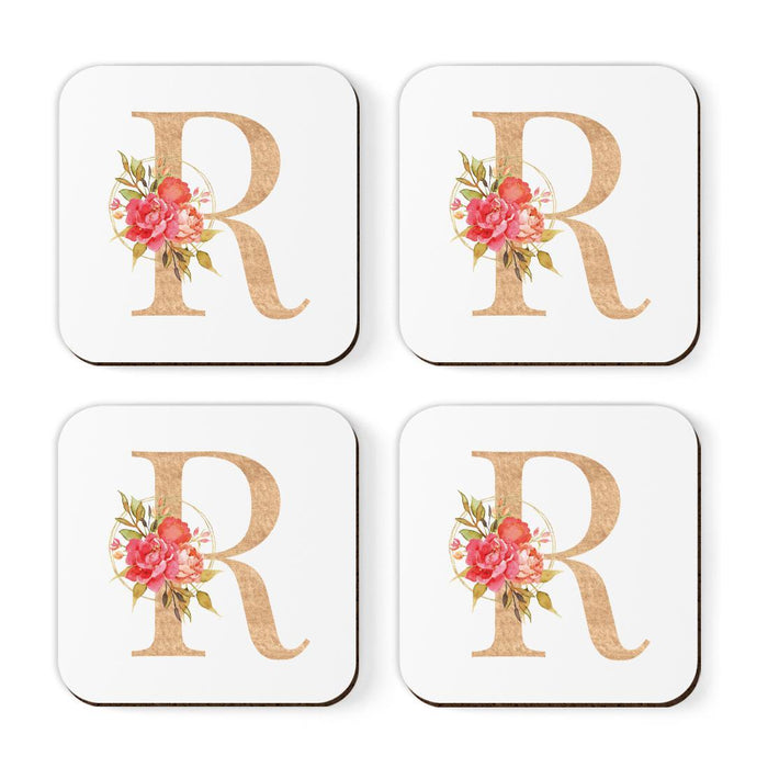 Square Coffee Drink Monogram Coasters Gift Set, Faux Gold Pink Floral-Set of 4-Andaz Press-R-
