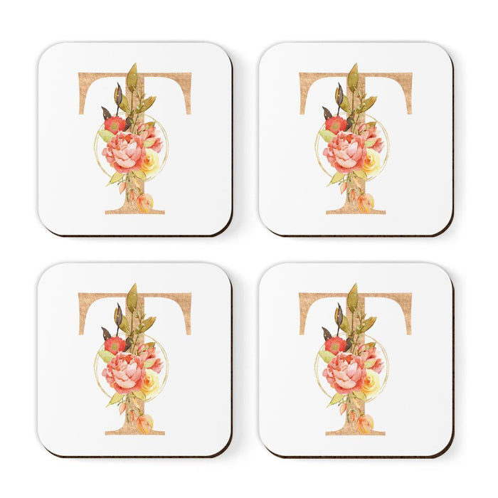 Square Coffee Drink Monogram Coasters Gift Set, Faux Gold Pink Floral-Set of 4-Andaz Press-T-