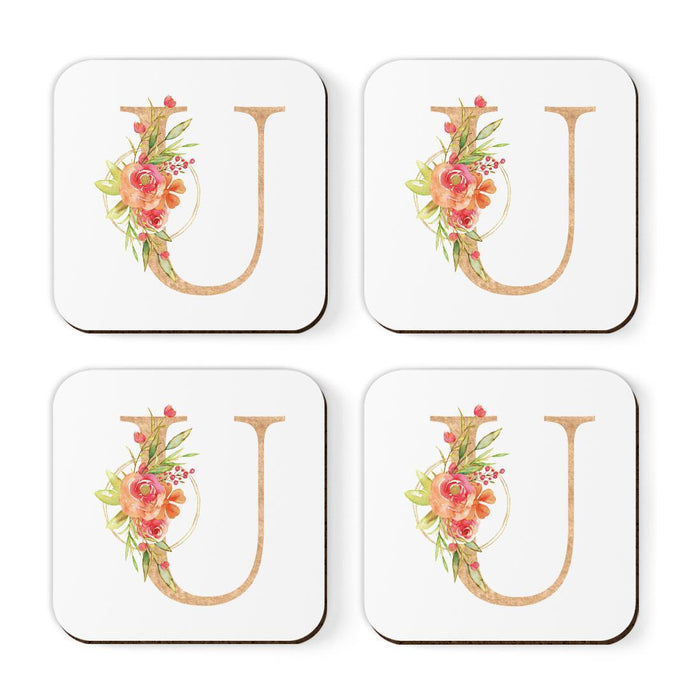 Square Coffee Drink Monogram Coasters Gift Set, Faux Gold Pink Floral-Set of 4-Andaz Press-U-