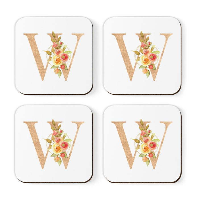 Square Coffee Drink Monogram Coasters Gift Set, Faux Gold Pink Floral-Set of 4-Andaz Press-W-