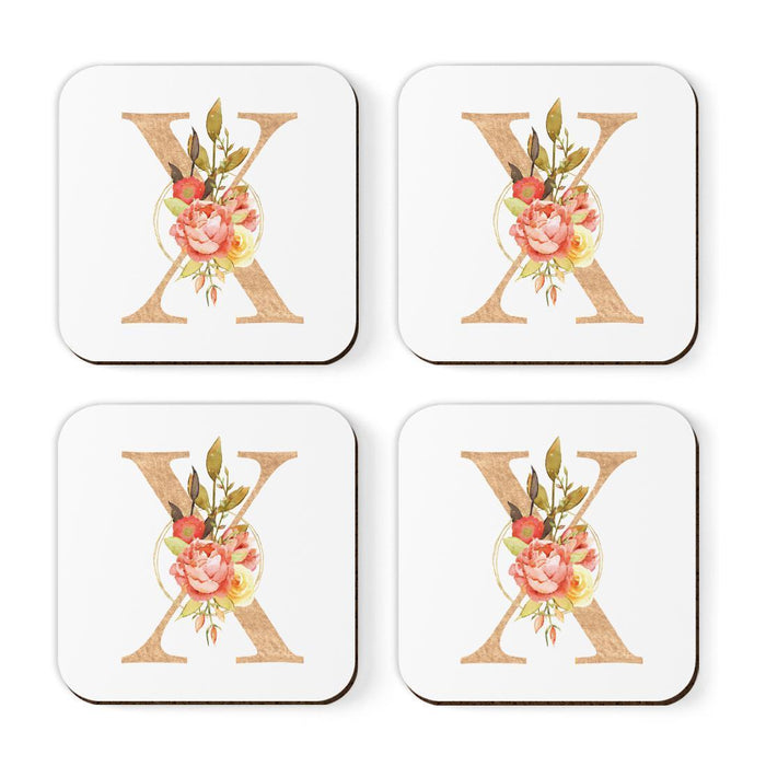 Square Coffee Drink Monogram Coasters Gift Set, Faux Gold Pink Floral-Set of 4-Andaz Press-X-