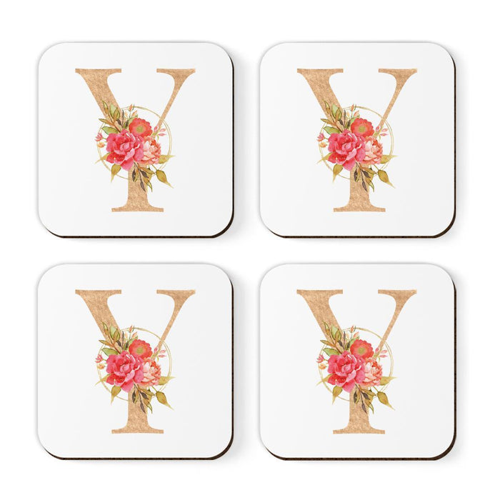 Square Coffee Drink Monogram Coasters Gift Set, Faux Gold Pink Floral-Set of 4-Andaz Press-Y-