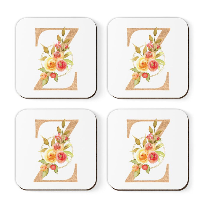 Square Coffee Drink Monogram Coasters Gift Set, Faux Gold Pink Floral-Set of 4-Andaz Press-Z-