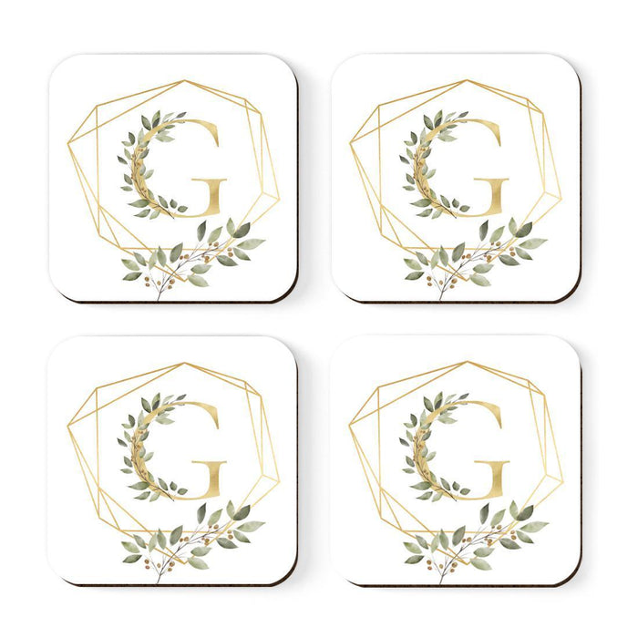 Square Coffee Drink Monogram Coasters Gift Set, Greenery Gold Geometric Frame-Set of 4-Andaz Press-A-