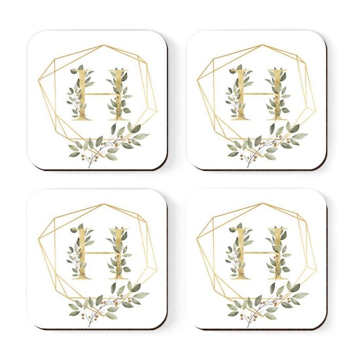 Square Coffee Drink Monogram Coasters Gift Set, Greenery Gold Geometric Frame-Set of 4-Andaz Press-A-