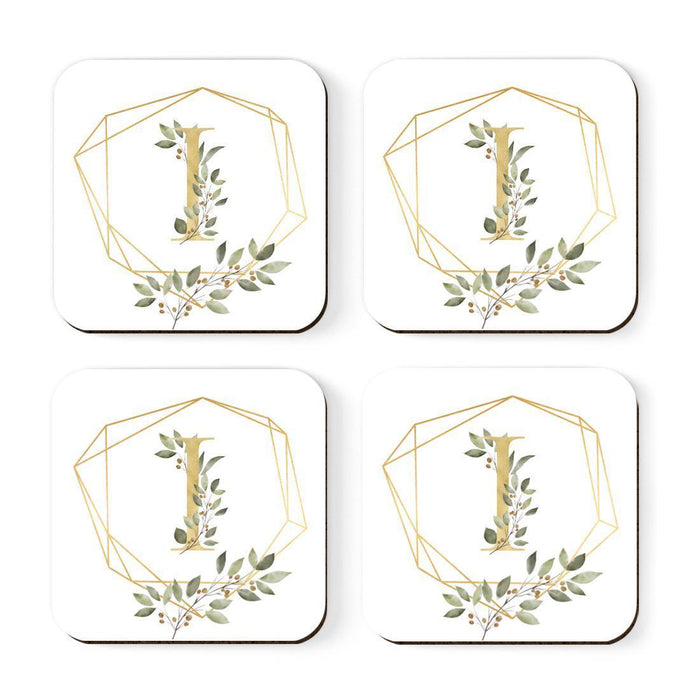 Square Coffee Drink Monogram Coasters Gift Set, Greenery Gold Geometric Frame-Set of 4-Andaz Press-A-