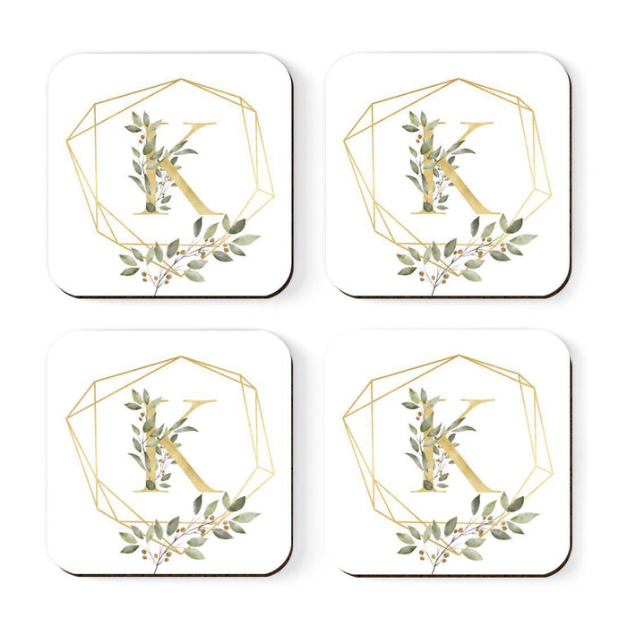 Square Coffee Drink Monogram Coasters Gift Set, Greenery Gold Geometric Frame-Set of 4-Andaz Press-A-