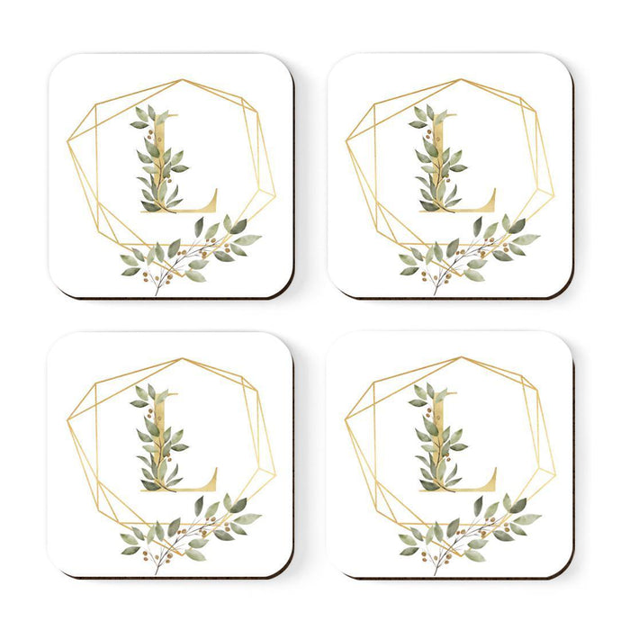 Square Coffee Drink Monogram Coasters Gift Set, Greenery Gold Geometric Frame-Set of 4-Andaz Press-A-