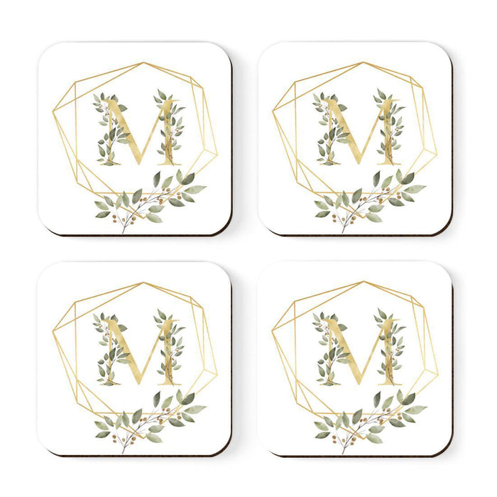 Square Coffee Drink Monogram Coasters Gift Set, Greenery Gold Geometric Frame-Set of 4-Andaz Press-A-