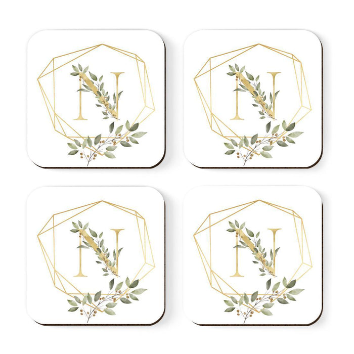 Square Coffee Drink Monogram Coasters Gift Set, Greenery Gold Geometric Frame-Set of 4-Andaz Press-A-