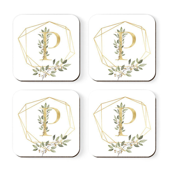 Square Coffee Drink Monogram Coasters Gift Set, Greenery Gold Geometric Frame-Set of 4-Andaz Press-A-